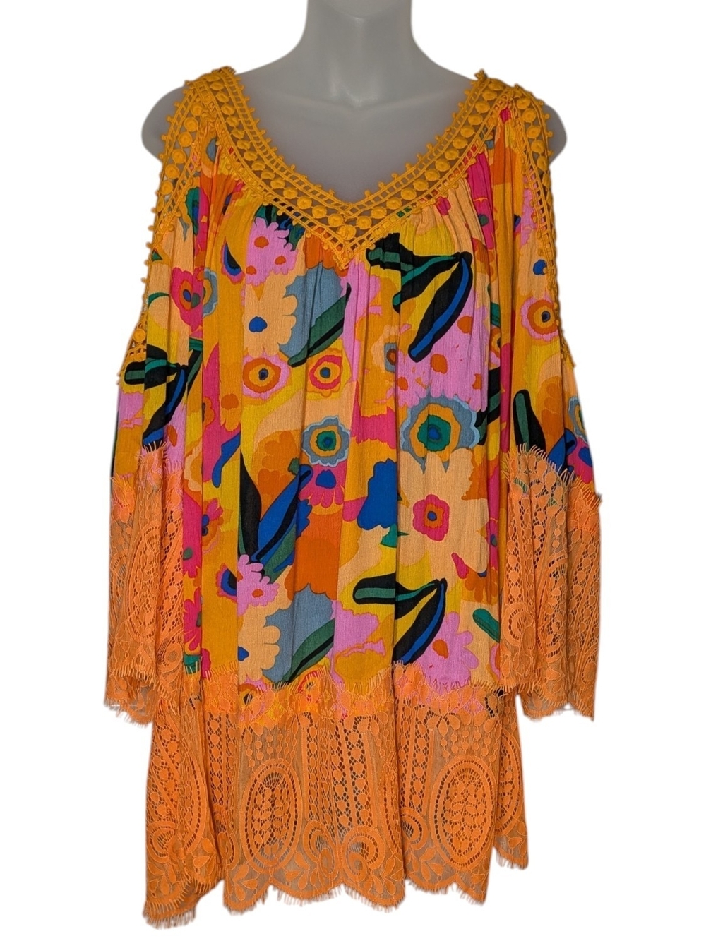 RAIN 1X Boho Floral Crochet Trim Lace Hem Cold Shoulder Tunic Vibrant Festival